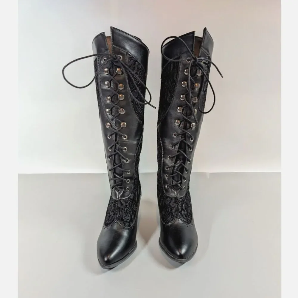 Victorian Goth Lace Up Boots Black Regency Kitten Heel Size 4.5-5 Pirate Cosplay - Picture 3 of 14